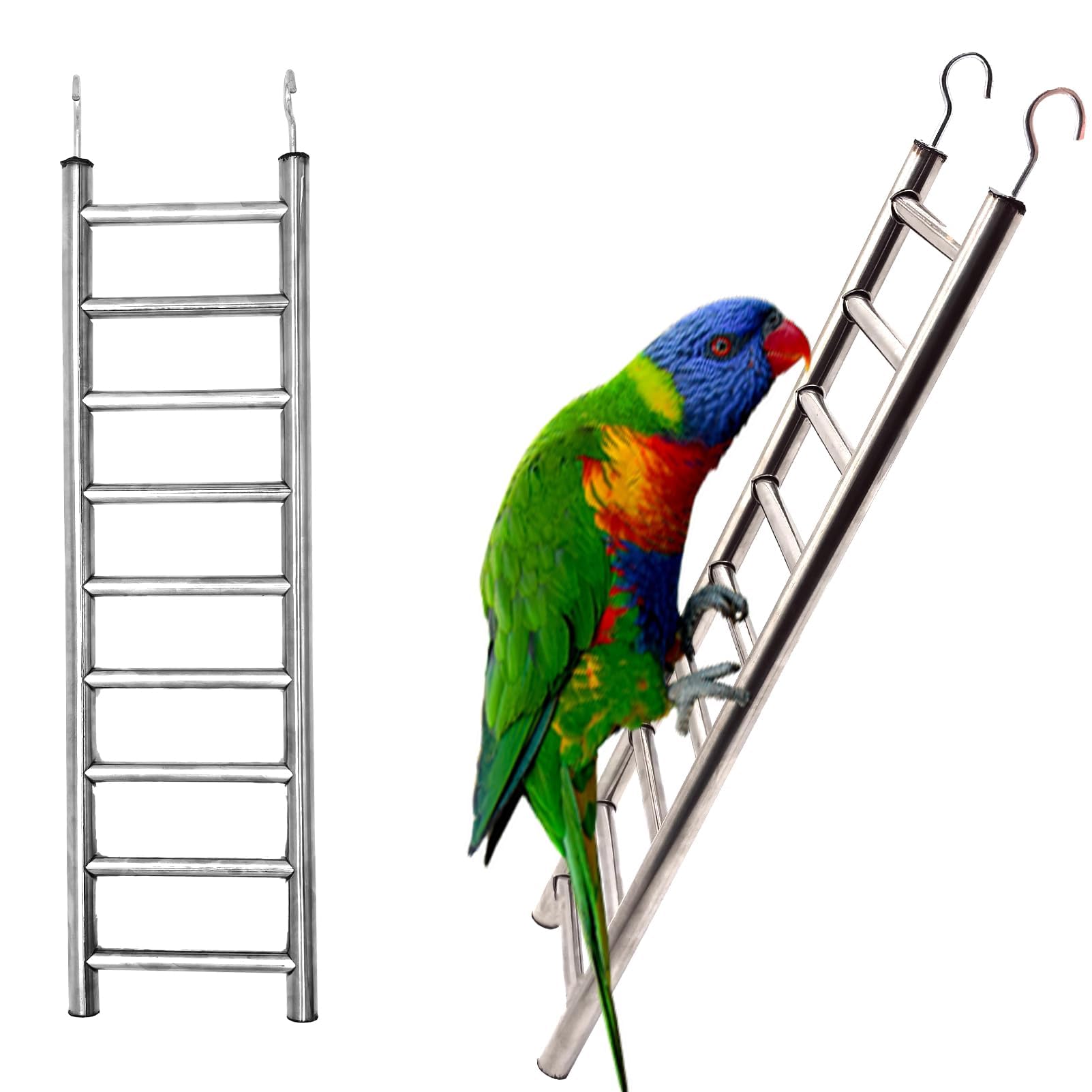 2Pack Stainless Steel Bird Ladders 9-Step Parrot Ladder Hanging Bird Cage Climbing Toys with Hooks Birds Exercise Toy for Parakeets, Parrots, Cockatoo，Rust-Resistant and Easy to Clean