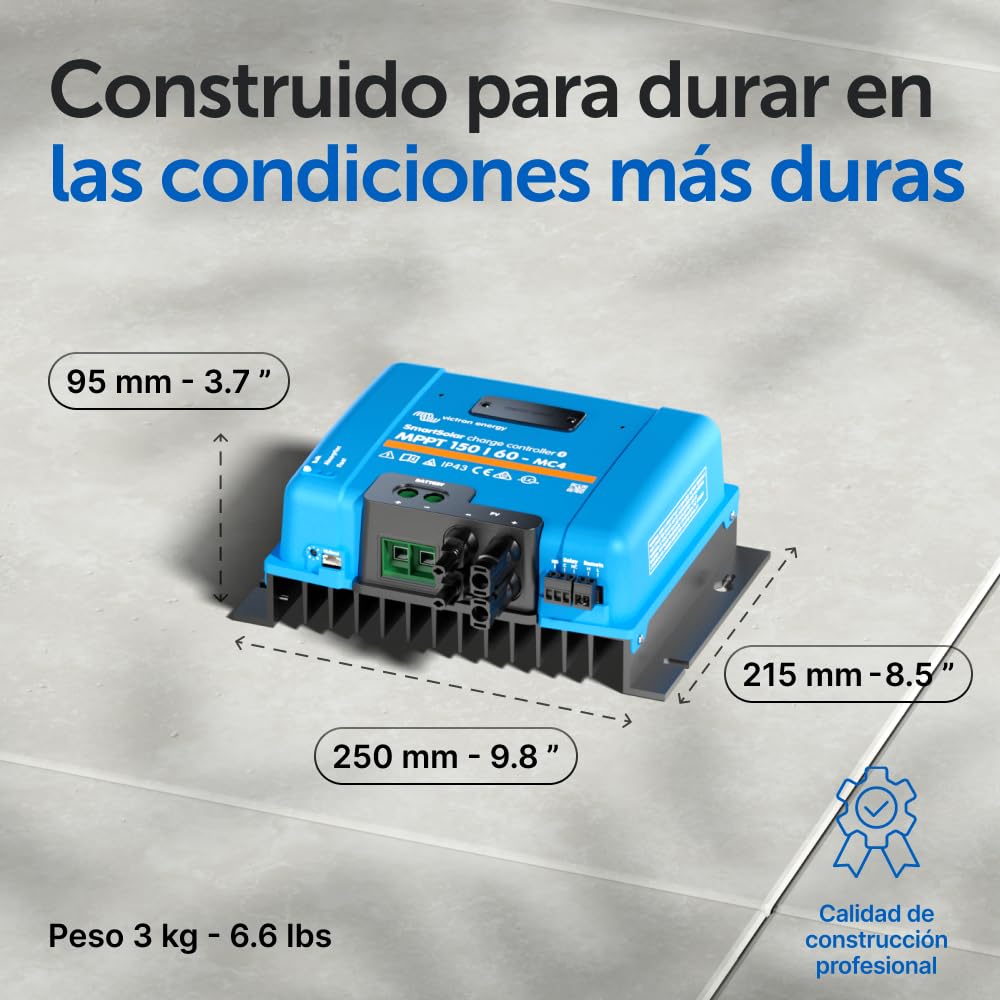 Victron Energy SmartSolar MPPT Controlador de Carga Solar 150V 60 amperios 12/24/36/48-Voltios (Bluetooth) para MC4 | Controlador de carga solar Bluetooth MPPT para paneles solares con conexión MC4