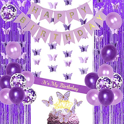 Écharpe d'anniversaire papillon violet et décors de fête assortis