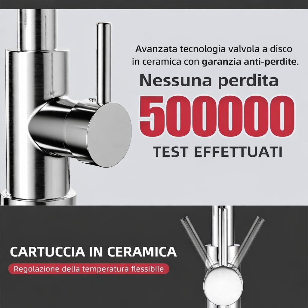 Cobbe Rubinetto da cucina, rubinetto ad alta pressione con doccetta estraibile, 2 funzioni di spruzzo, girevole a 360°, miscelatore per lavello