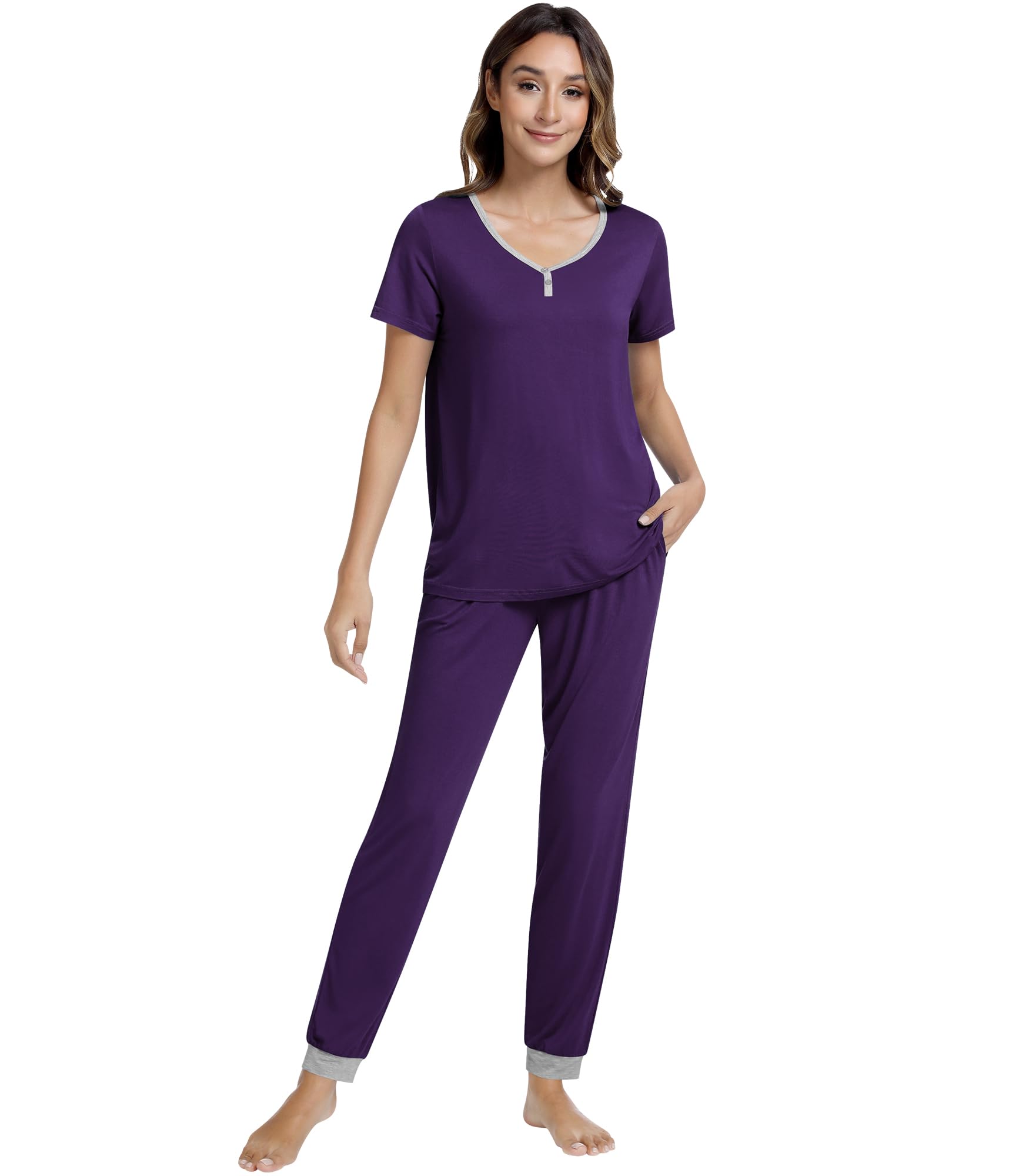 NACHILA Pajamas for Women Short Sleeve Pjs Jogger Pants Pajama Sets Soft Sleepwear with Pockets