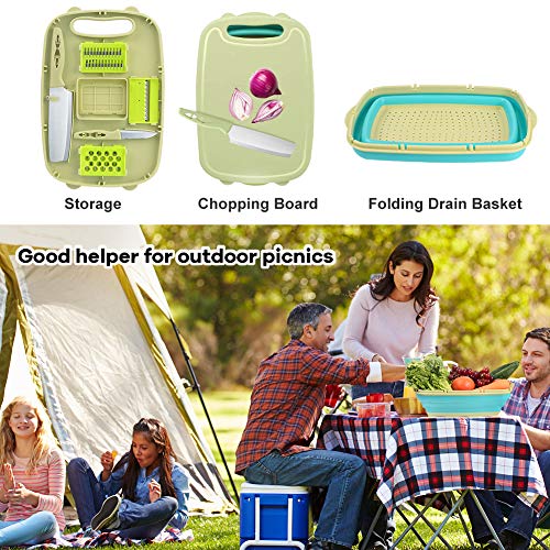 Image of HI NINGER 9-in-1 Multifunctional Camping Chopping Board - Foldable Kitchen Aid with 5 Vegetable Cutters, 2 Knives & Drip Basket, Camping and Motorhome Accessories for Kitchen, BBQ & Outdoor (Green)