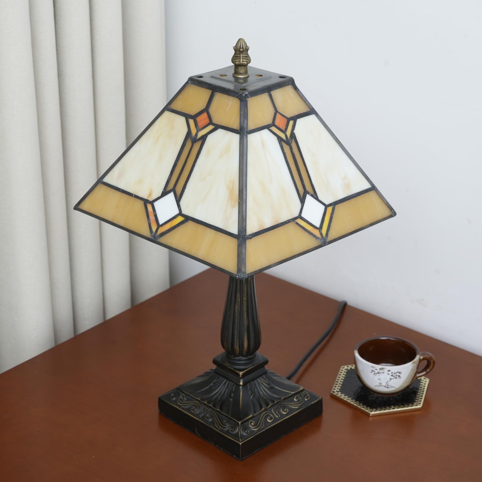 Tiffany lampa stołowa styl misja szkło witrażowe światło żółte antyczne vintage lampa obok czytania do domu salonu