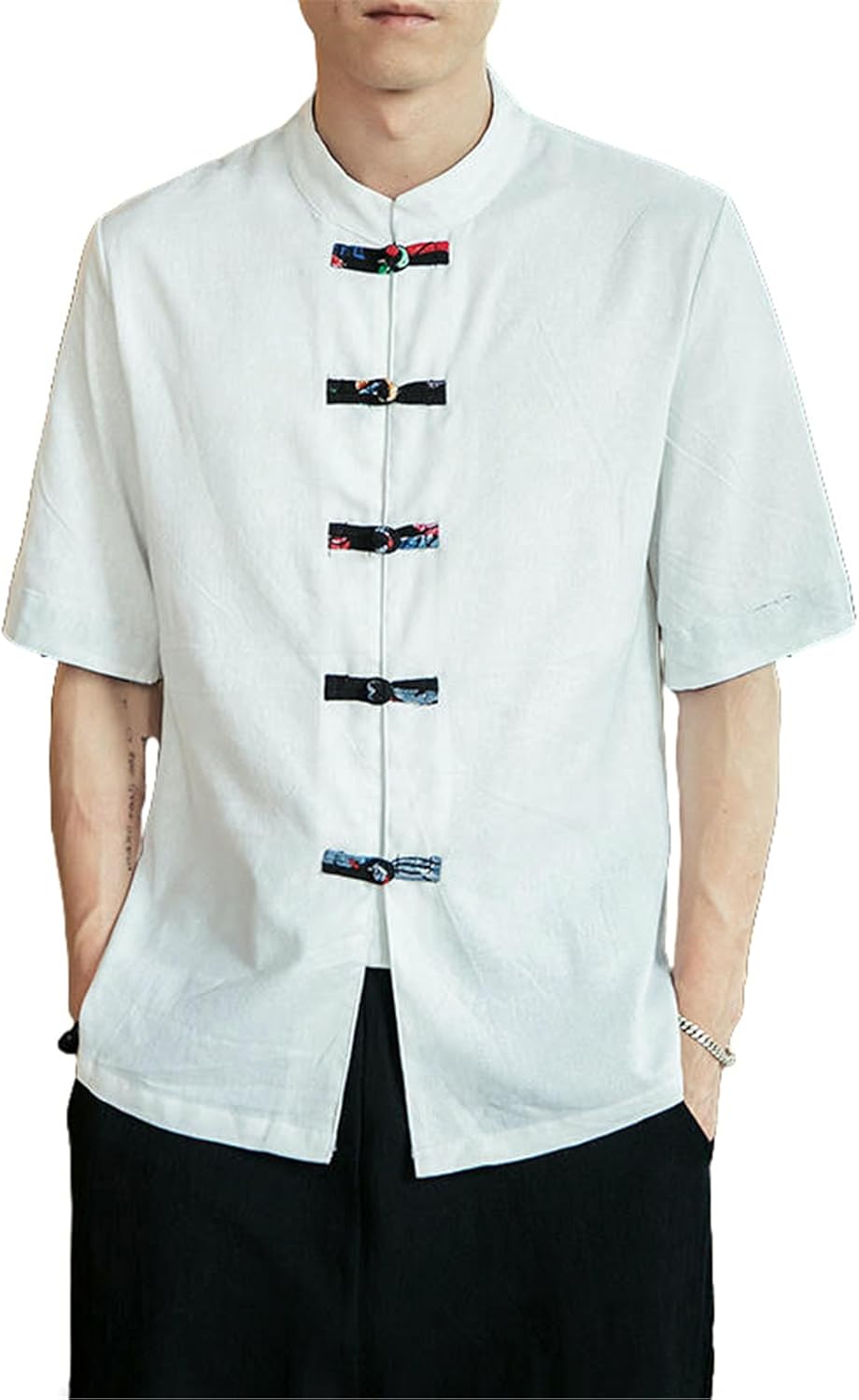 Men's Summer Chinese Style Casual Minimalist Frog Buttons Vintage Cardigan Stand Collar Short T-Shirt