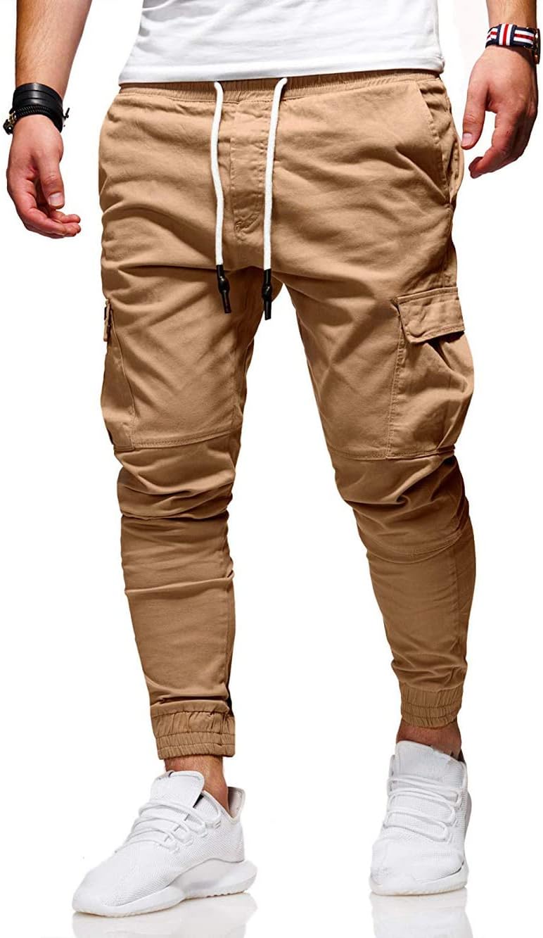 rioxs Men's Cargo Pants Casual Sports Sweatpants Running Jogging Workout Drawstring Athletic Trousers With Multiple Pockets
