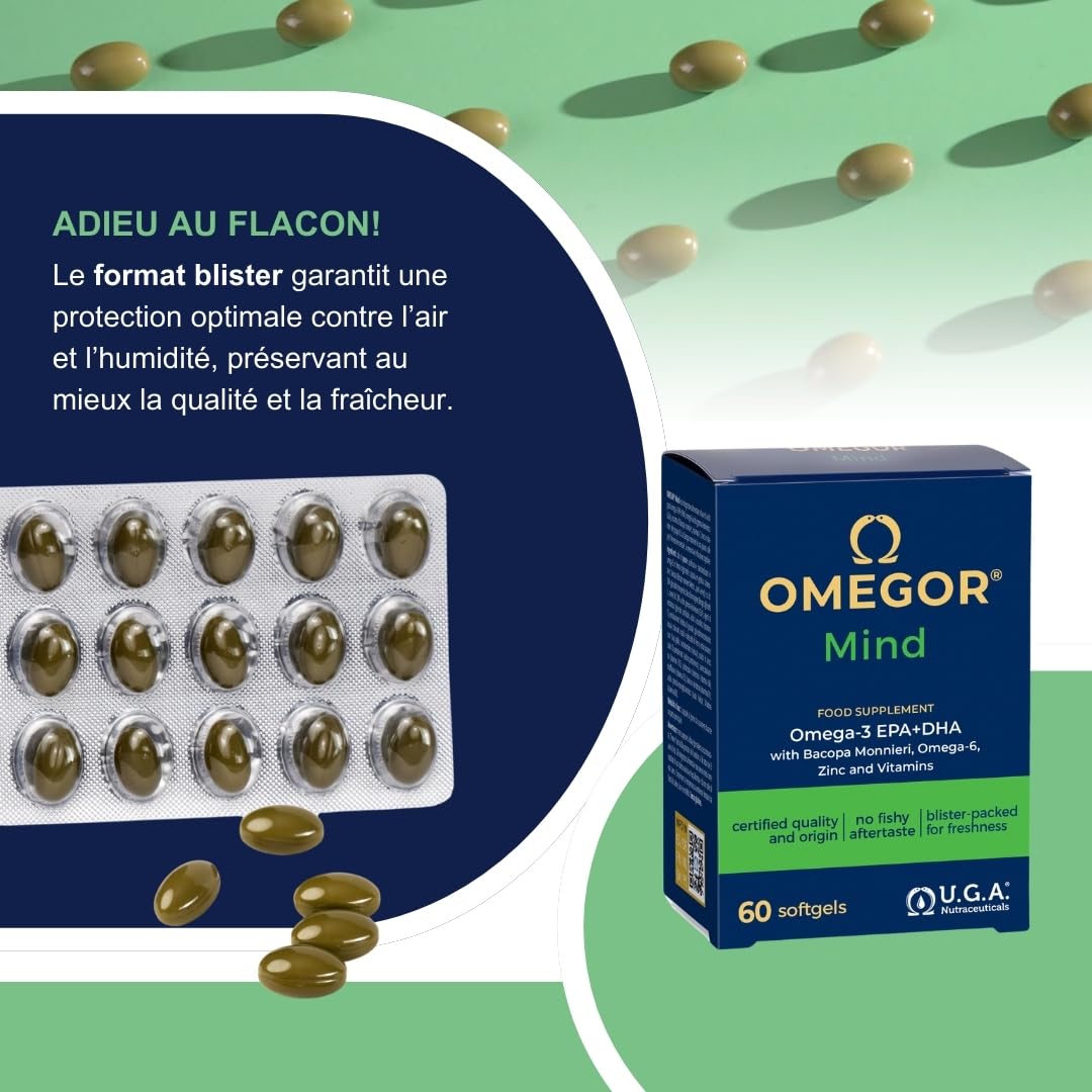 OMEGOR® Mind - Complément pour la mémoire et les fonctions congnitives - Omega 3 DHA et extrait de Bacopa Monnieri, huile de bourrache, zinc et vitamines B (60 capsule)