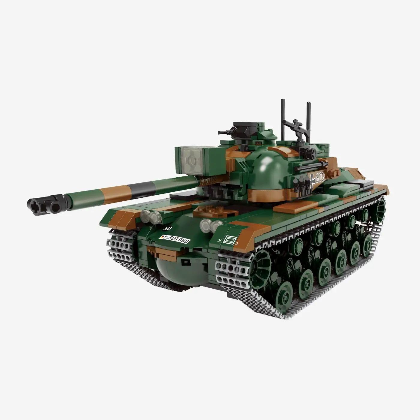 BlueBrixx Pro 109786 Kampfpanzer M48 A2, Bundeswehr, 1148 Klemmbausteine | 296 x 112 x 136 mm, Tarnmuster in Grün und Braun, zwei Antennen, Frontscheinwerfer, markantes Kettenlaufwerk