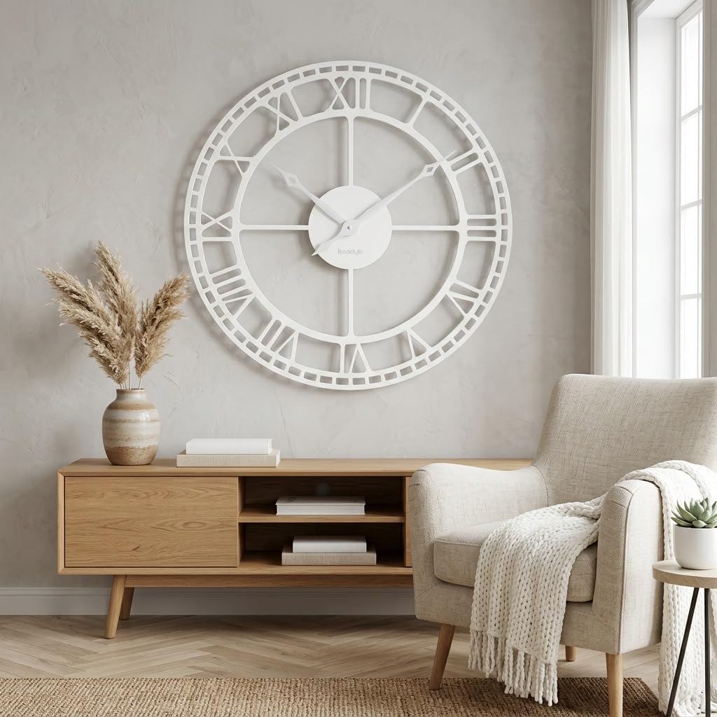 FLEXISTYLE Reloj de Pared Grande Vintage Retro XXL 80 cm diámetro Metal Industrial Negro Blanco Dorado (Blanco)