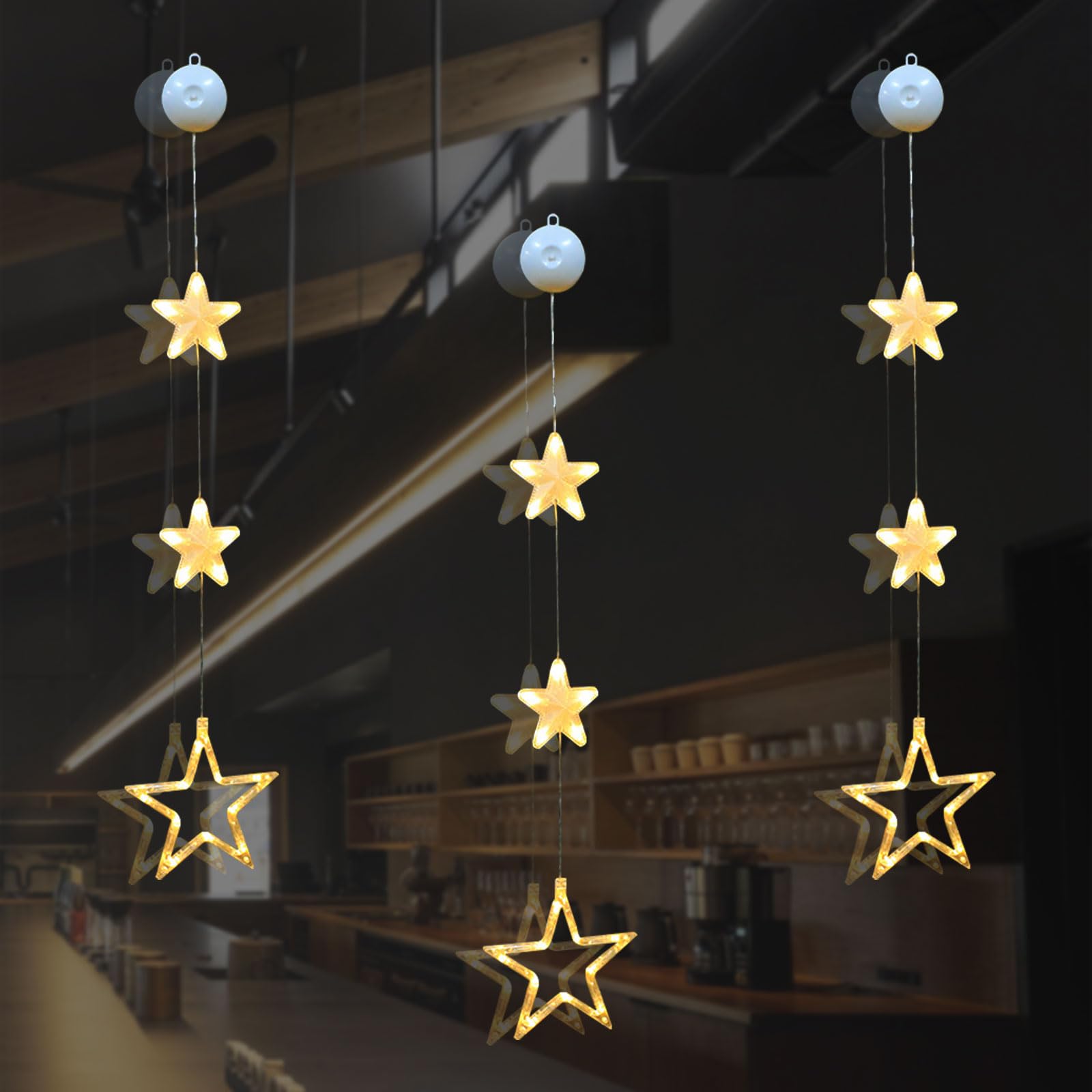 Pack of 3 LED Stars Christmas Lighting, Christmas Decoration Window Light Hanging, Battery Operated with Suction Cup, Light Curtain for Indoor and Outdoor Use, Christmas Tree Curtain Fairy Lights for