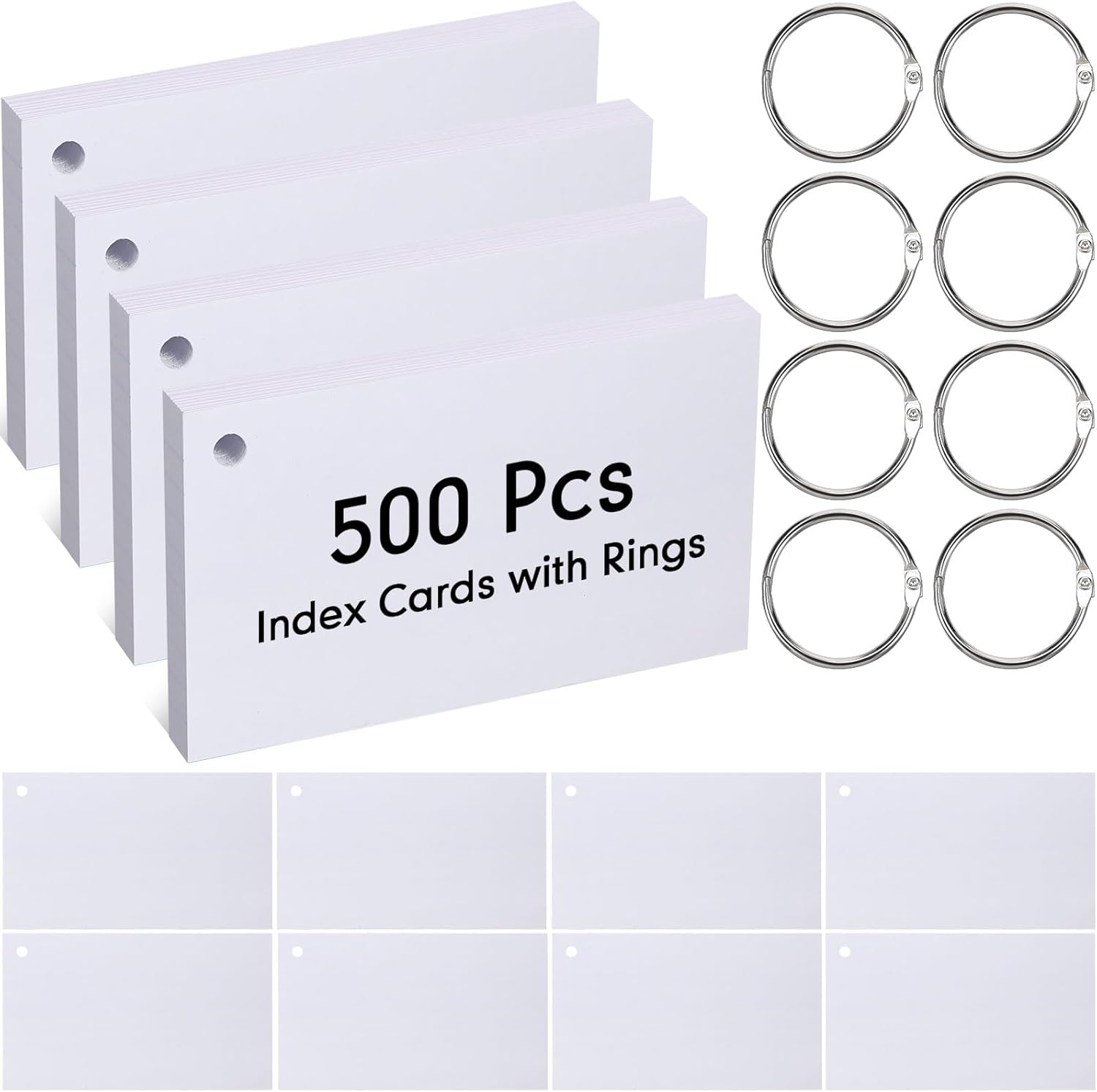 Yexiya 500 Pcs Index Cards with Rings Study Supplies Punched Lined Flash Cards with Holes Ruled Single Hole Notes and Metal Rings for Adults Office(3 x 5 Inch,White)