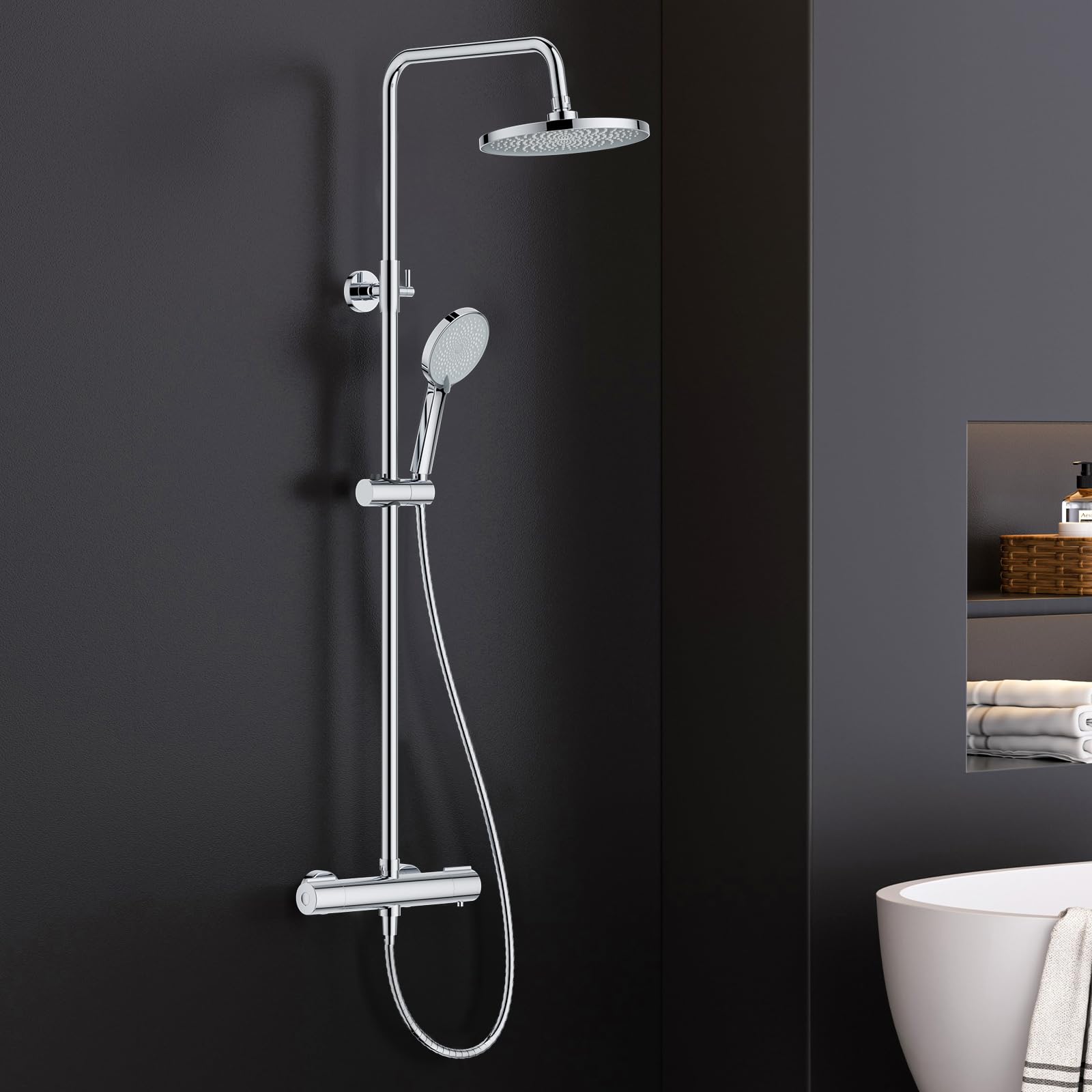 FORIOUS Duschsystem mit Thermostat, Edelstahl Duscharmatur Komplettset mit 25cm Rund-Overhead Regendusche, 90-125cm Höhenverstellbare Duschstange, 3 Strahlarten ABS Handbrause Chrom