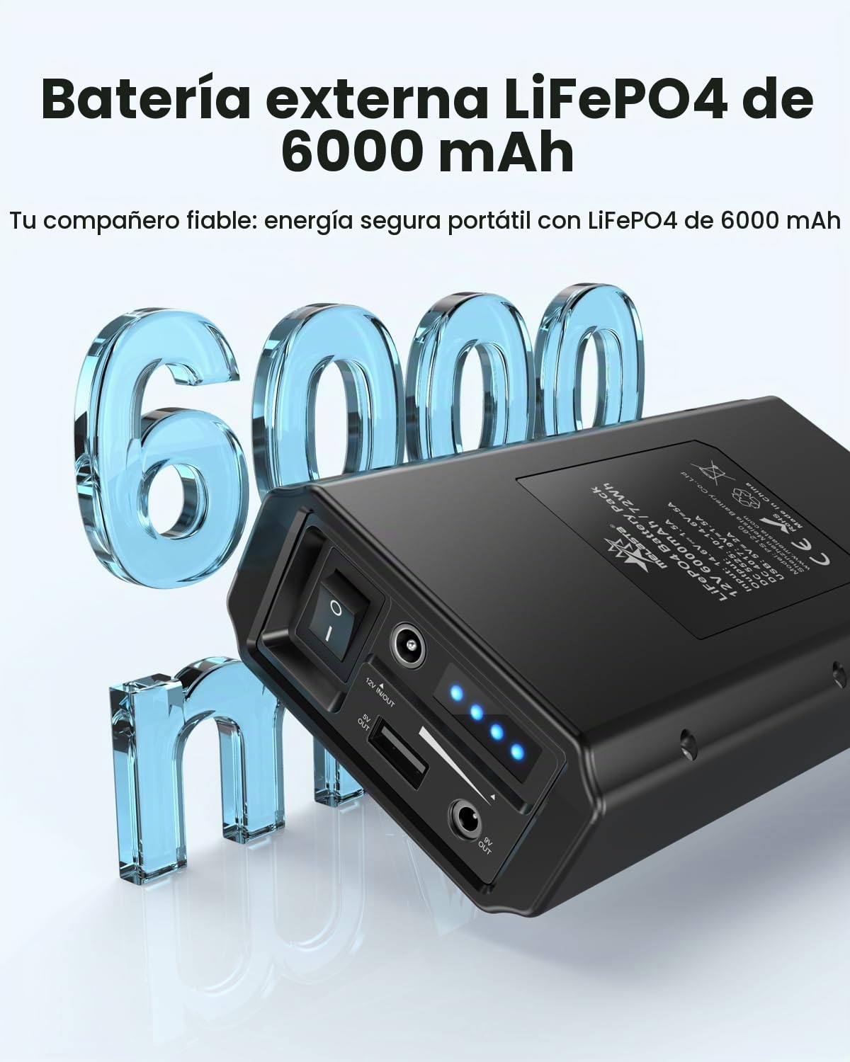 melasta Powerbank12V, LiFePO4 Batería Externa 6000mAh con Puerto de Carga Multifunción de 12V 9V DC y 5V USB para Smartphones, Tiras LED, Radios y Miniventiladores