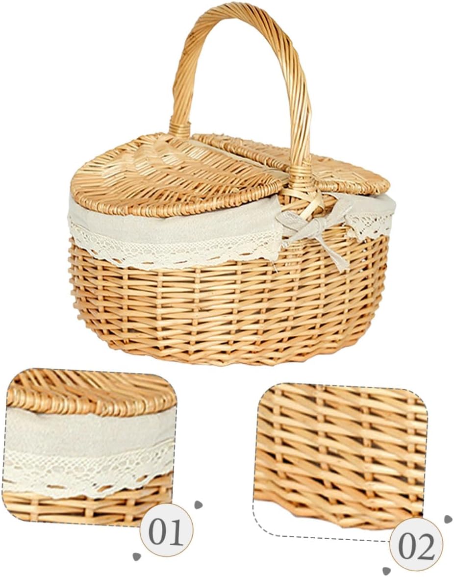 Large Wicker Picnic Basket with Lid Handwoven Rattan Storage Basket for Outdoor Gathering and Fruit Vegetable Storage Medium Size 35x24x17cm