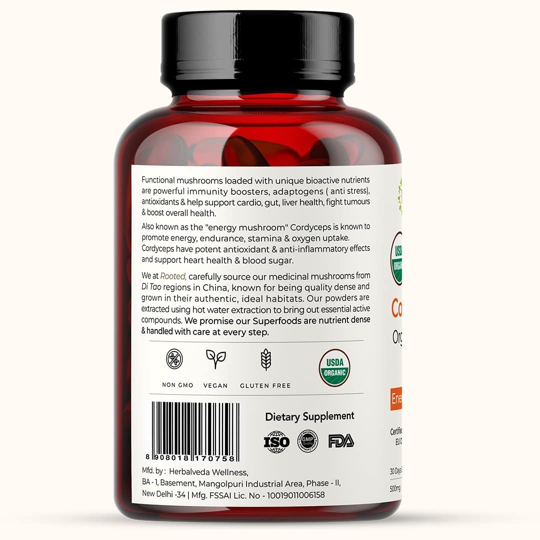Rooted Active Naturals Organic Cordyceps Militaris Mushroom Extract Capsules, 500mg, 60 Count, Energy, Endurance, Performance (Pack of 2) - Image 3 thumbnail