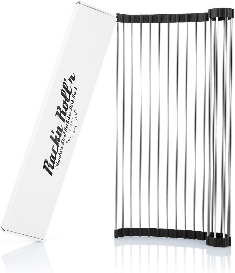 UpGood Sink Roll Up Drying Rack XL - 20.2" x 15.7" Stainless Steel Over The Sink Roll Up Dish Drying Rack for Kitchen - Foldable & Easy to Store (Black Drainer)