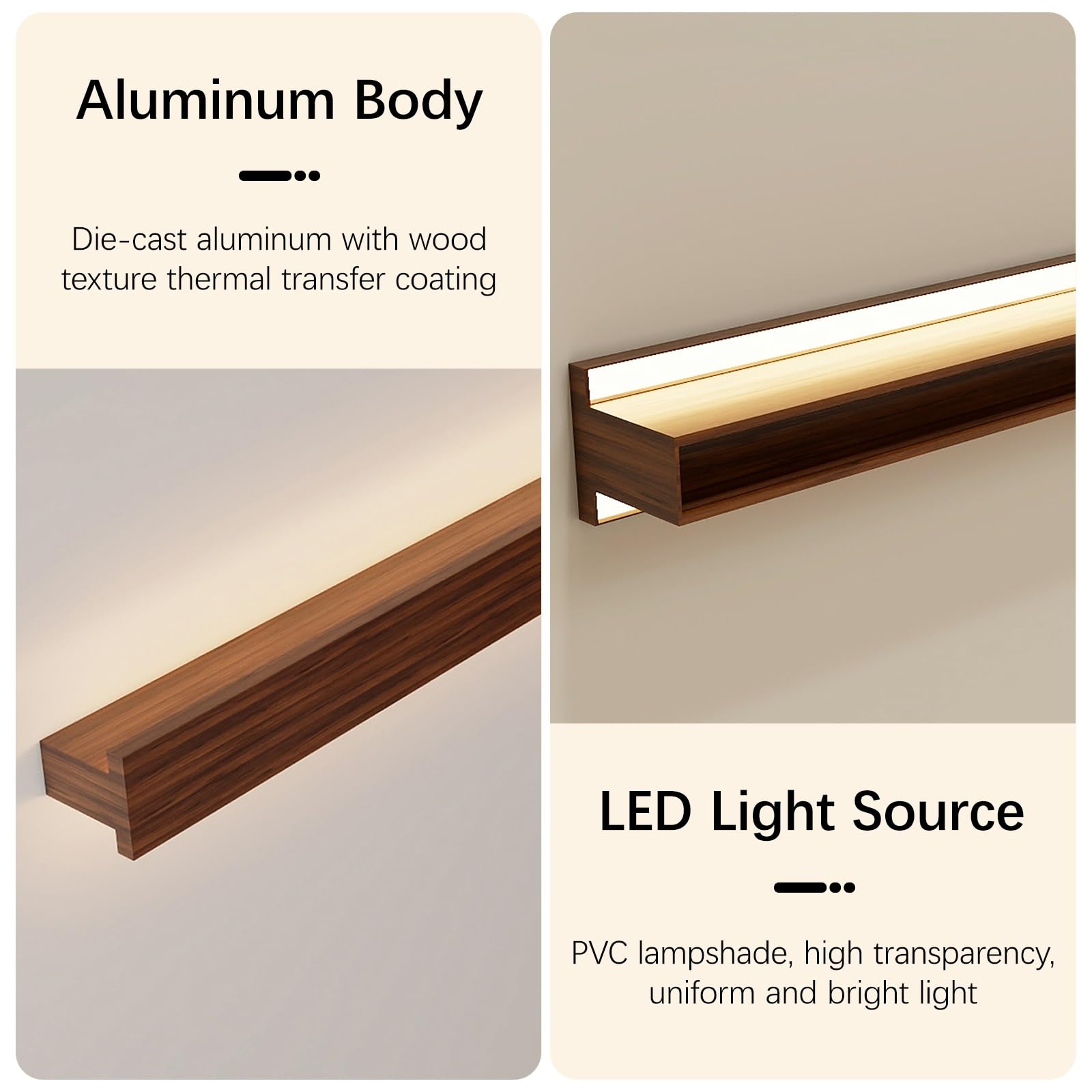 Sconce da parete moderna e minimalista con venature del legno, lampada da parete lineare a LED in stile nordico, apparecchio di illuminazione da parete a striscia lunga for interni(60cm)