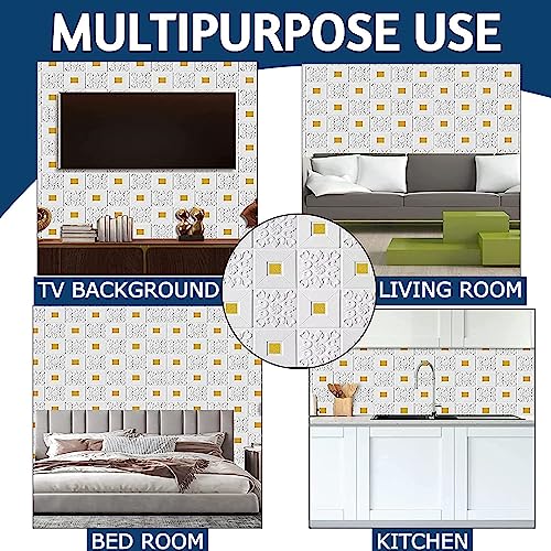 Image of VEXIO 3D Brick Wallpaper PE Foam Self Adhesive Wall Stickers | Waterproof, Anti-Collision DIY Peel & Stick Wall Panels for Home, Bedroom, Living Room & Office Decor (White & Gold)