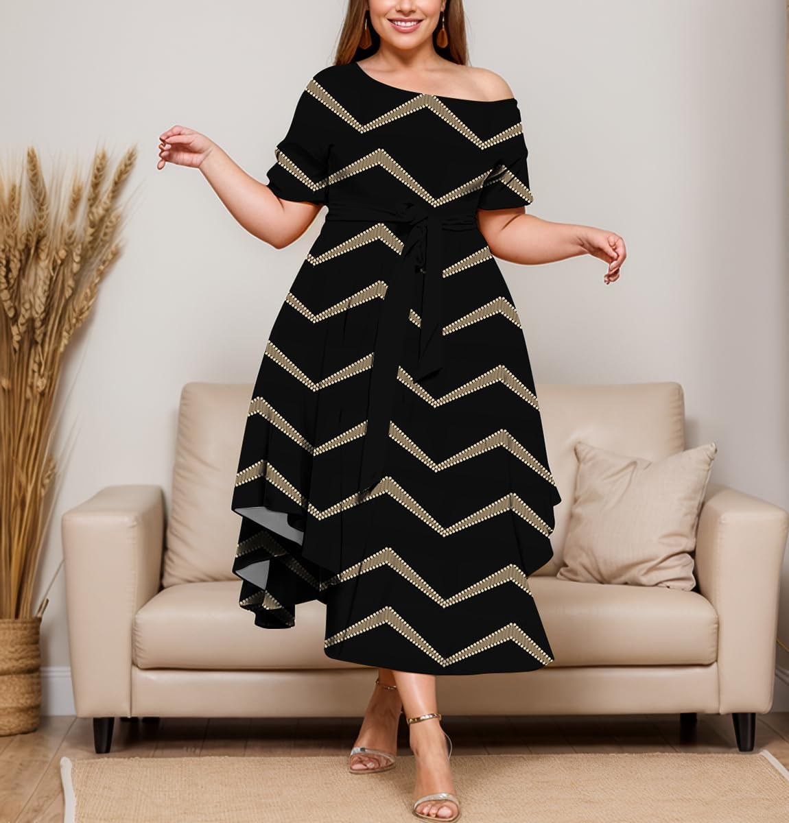 Plus Size Women Wedding Guest Dress Off Shoulder Boat Neck Irregularly Flowy Midi Church Dress - Image 5