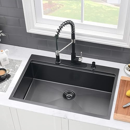 Miniatura 29 de Fregadero de cocina negro de 33 pulgadas con grifo - Fregadero de cocina negro de 33 x 22 pulgadas, fregadero de cocina y grifo de 10 pulgadas