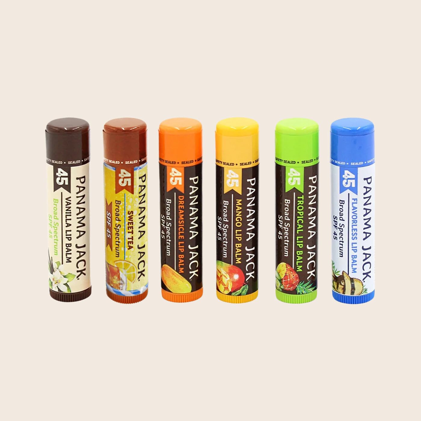 Panama Jack Sunscreen Lip Balm - SPF 45, Flavor Pack, Broad Spectrum UVA-UVB Sunscreen Protection, Prevents & Soothes Dry, Chapped Lips (6 Pack)