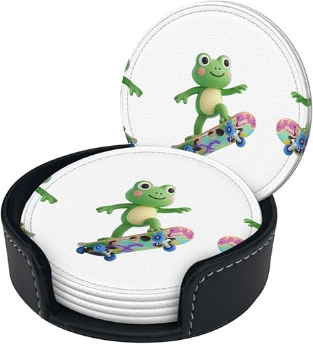 Miniatura 2 de Drink Coasters Set of 6, Skateboard Printed PU Leather Round Coaster with Holder for Outdoor, Office, Bar, Funny Heat-Resistant Home Desk Decor