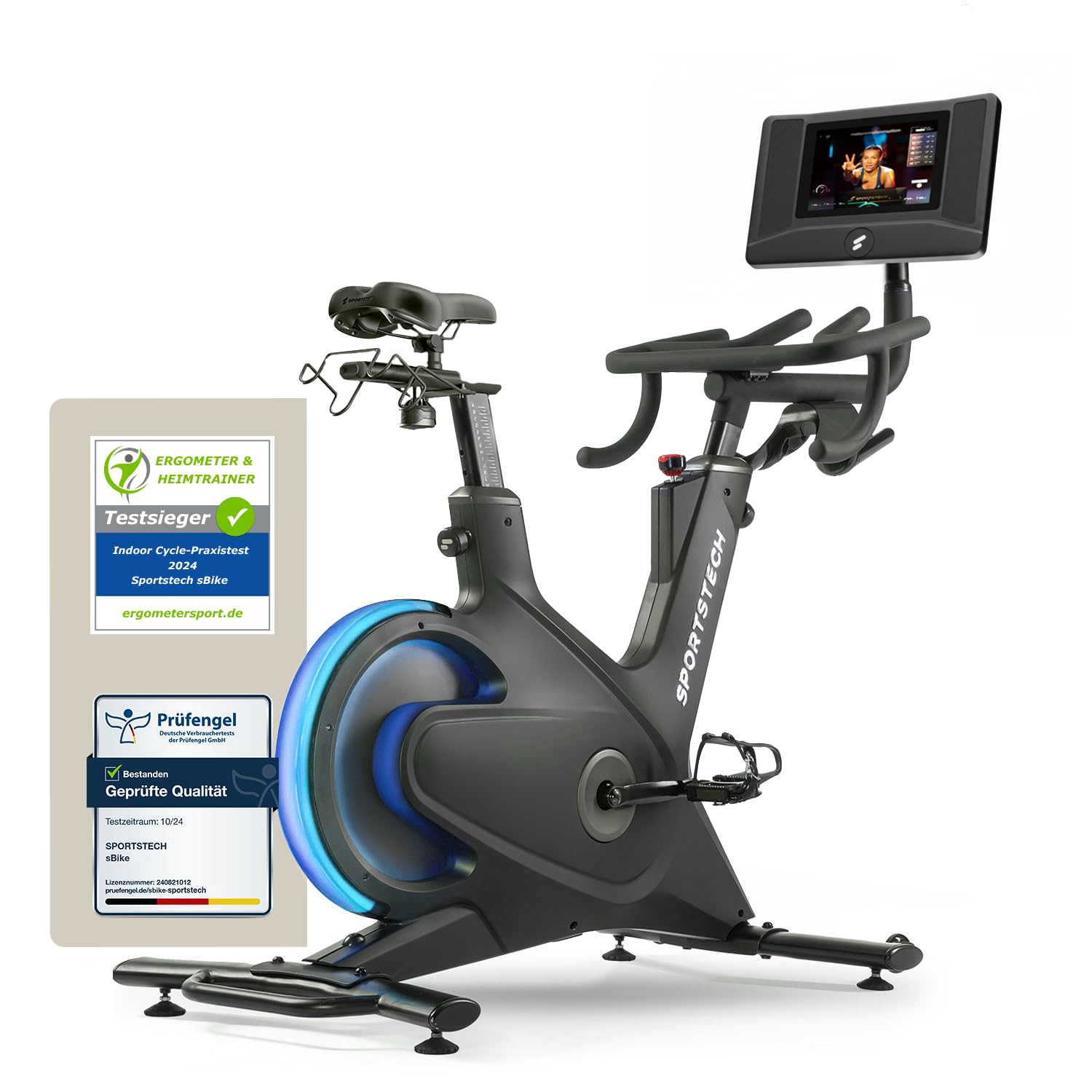 Sportstech Heimtrainer + 10.1" Touch Display - Deutsche Qualitätsmarke - APP mit Live Workouts & Kursen Fitnessbike mit patentierter LED Technologie, Ergometer, sBike