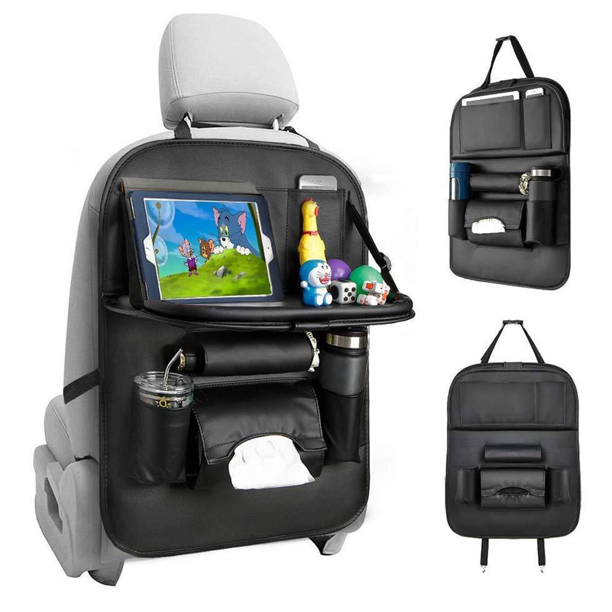 Car Backseat Organizer with Tablet Holder, Touch Screen Tablet Hanger Stand for Kids Toddlers, PU Seat Organizers and Storage, Cup Umbrella Tissue Holder, Kick Mats Protector Car Accessories