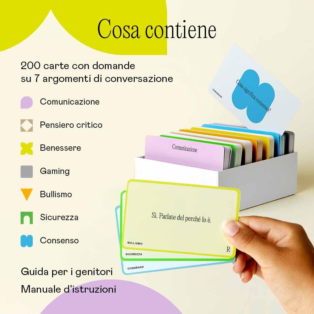 Crescere Cittadini Digitali. Con 200 carte da conversazione, il kit aiuta a promuovere un uso equilibrato degli schermi e a migliorare la comunicazione in famiglia.