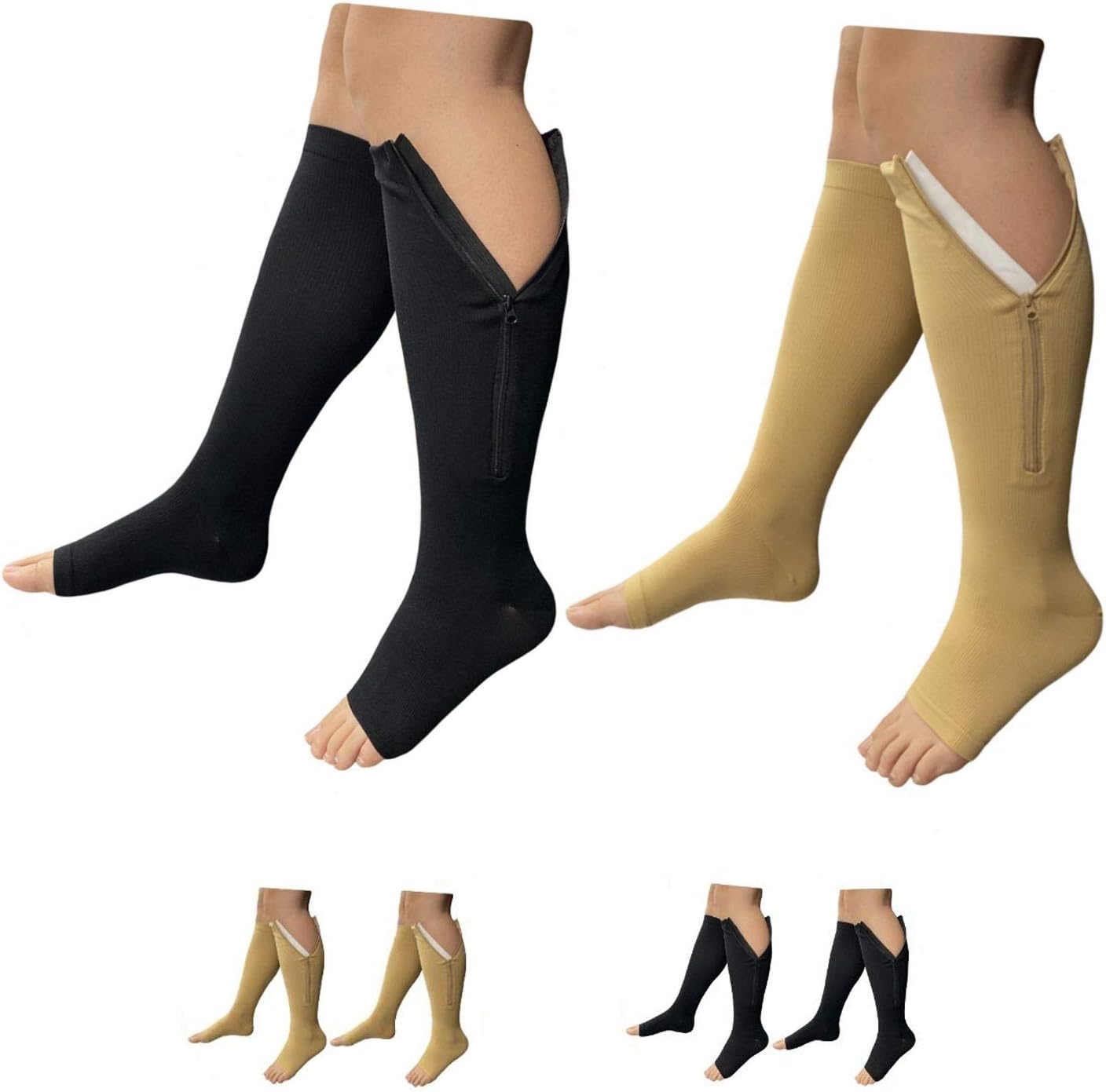 HealthyNees 2 Set Open Toe 20-30 mmHg Compression Leg Calf Swelling Zipper Sock (2 Pairs Black, S/M)