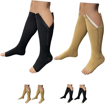 HealthyNees 2 Set Open Toe 20-30 mmHg Compression Leg Calf Swelling Zipper Sock 2 Pairs Mix, L/XL