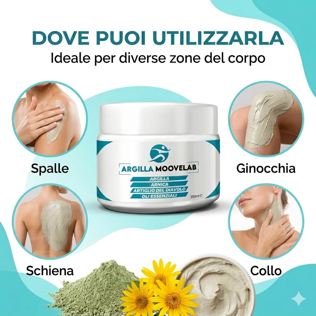 ARGILLA MOOVELAB Argilla Antinfiammatoria con Arnica, Artiglio del Diavolo e Oli Essenziali, Impacco per muscoli e articolazioni, Ideale per massaggio sportivo e recupero muscolare, 250 ml