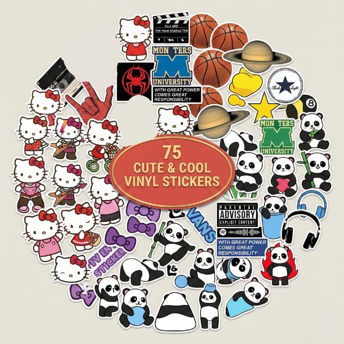 Image of 75pcs Cute Aesthetic Sticker Combo Pack for Laptop Bottle Phone Skateboard - Panda Hello Kitty Cartoon Anime Waterproof Vinyl Stickers for Kids Girls Teens Scrapbook Laptop Stickers Pack