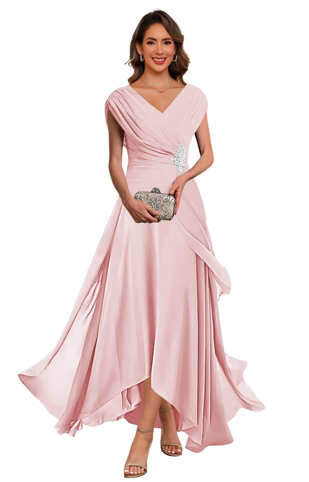Lace Applique Chiffon Mother of The Bride Dresses Cap Sleeves Evening Gown V Neck Formal Dress for Wedding