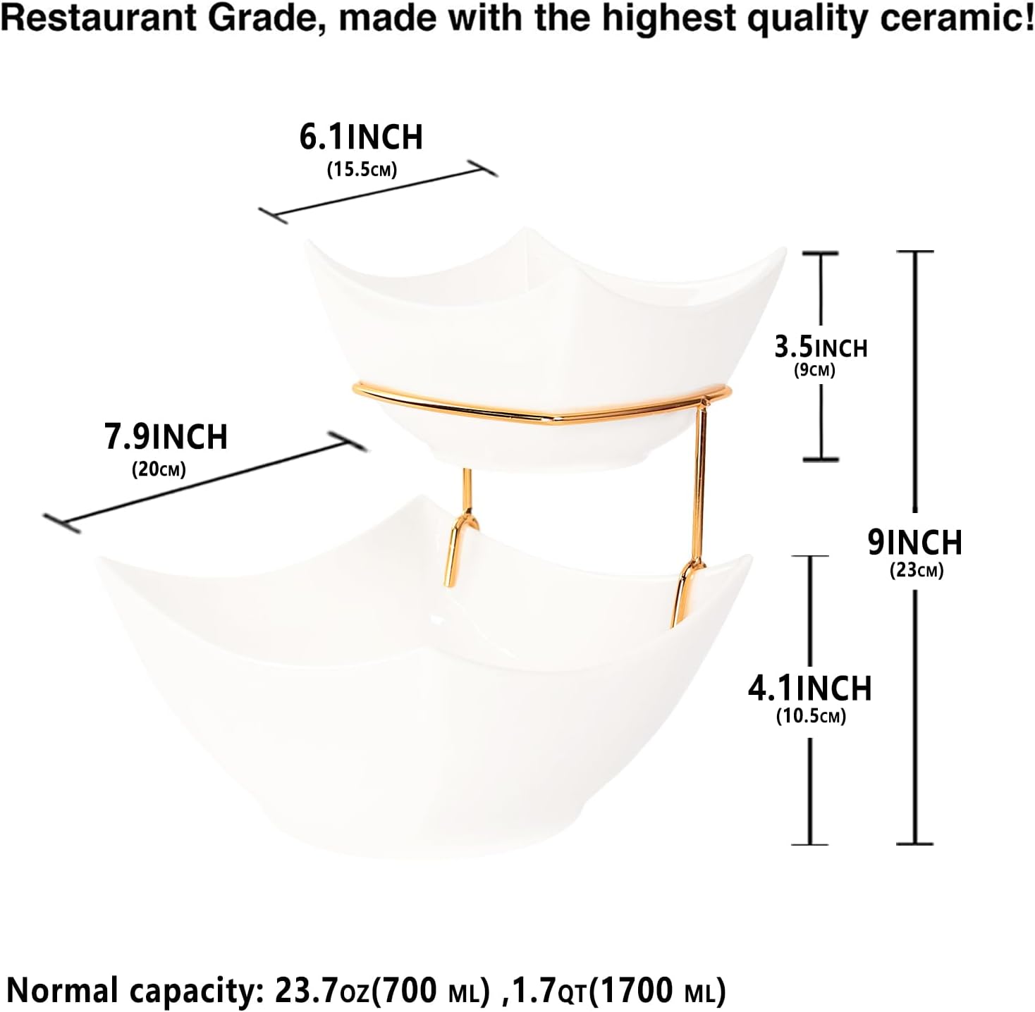 Tiered Serving Bowl Set, Square 2 Tier Chip and Dip Bowls with Stand, for Nuts, Salsas, Food Tray, Ceramic Appetizer Serving Display Stand for Parties, Entertaining