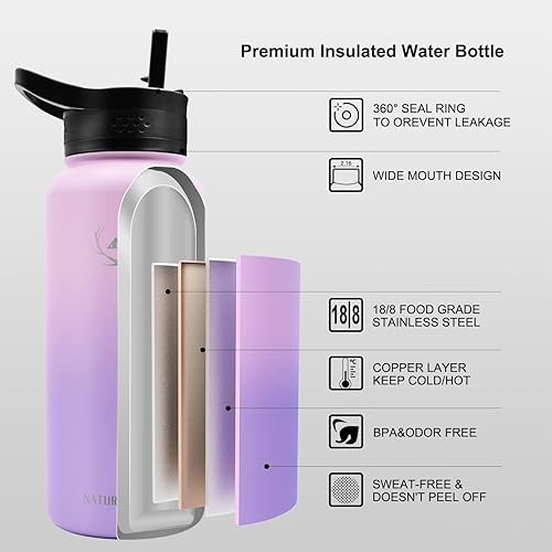 Miniatura 3 de NATURE PIONEOR Botellas de agua aisladas con mango de paracaídas, 24324064 onzas, botella de agua deportiva de boca ancha con 3 tapas, de acero