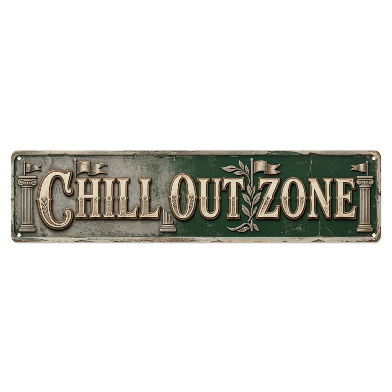 Chill Out Zone Worn Pavilion 1 Metal Tin Skinny Sign Plaque Wall Decor for Cafe, Club Bar, Office, Home Garden Metal Poster 4x16Inch