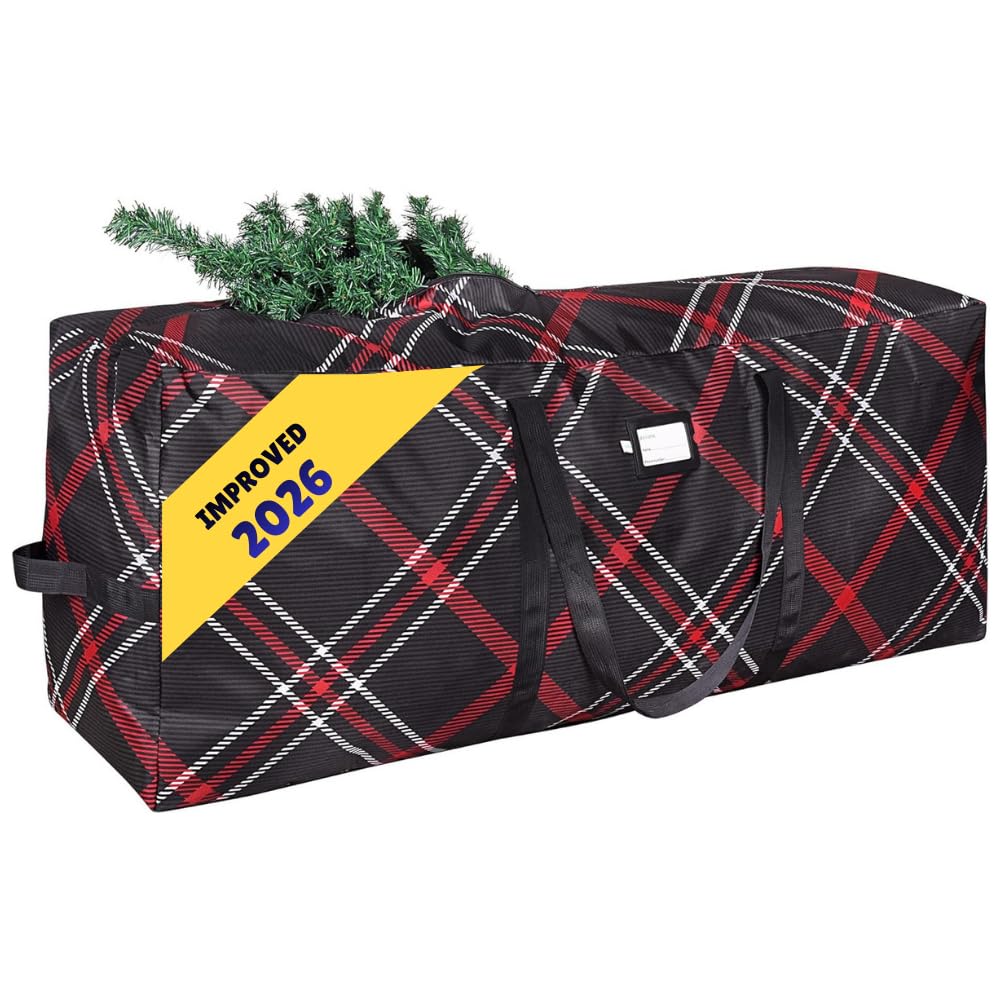 Christmas Tree Storage Bag | Fits Up to 9 Ft. Tall Disassembled Xmas Tree | 25" X 20" X 65" | Durable 600D Oxford Material | Heavy Duty Holiday Storage Container (Plaid, 9ft)