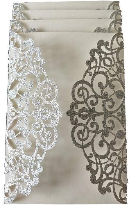 wishforyou 100pcs Silver Glitter Laser Cut Invitations Card Covers Lace Hollow Greeting Cards for Engagement Wedding Baby Shower Birthday Business Party (Silver)