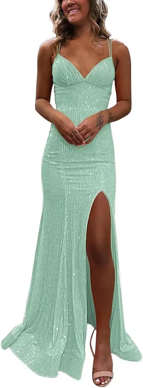 Sequin Mermaid Prom Dresses 2025 Sparkly V Neck Formal Dress Long Evening Party Gowns PU042