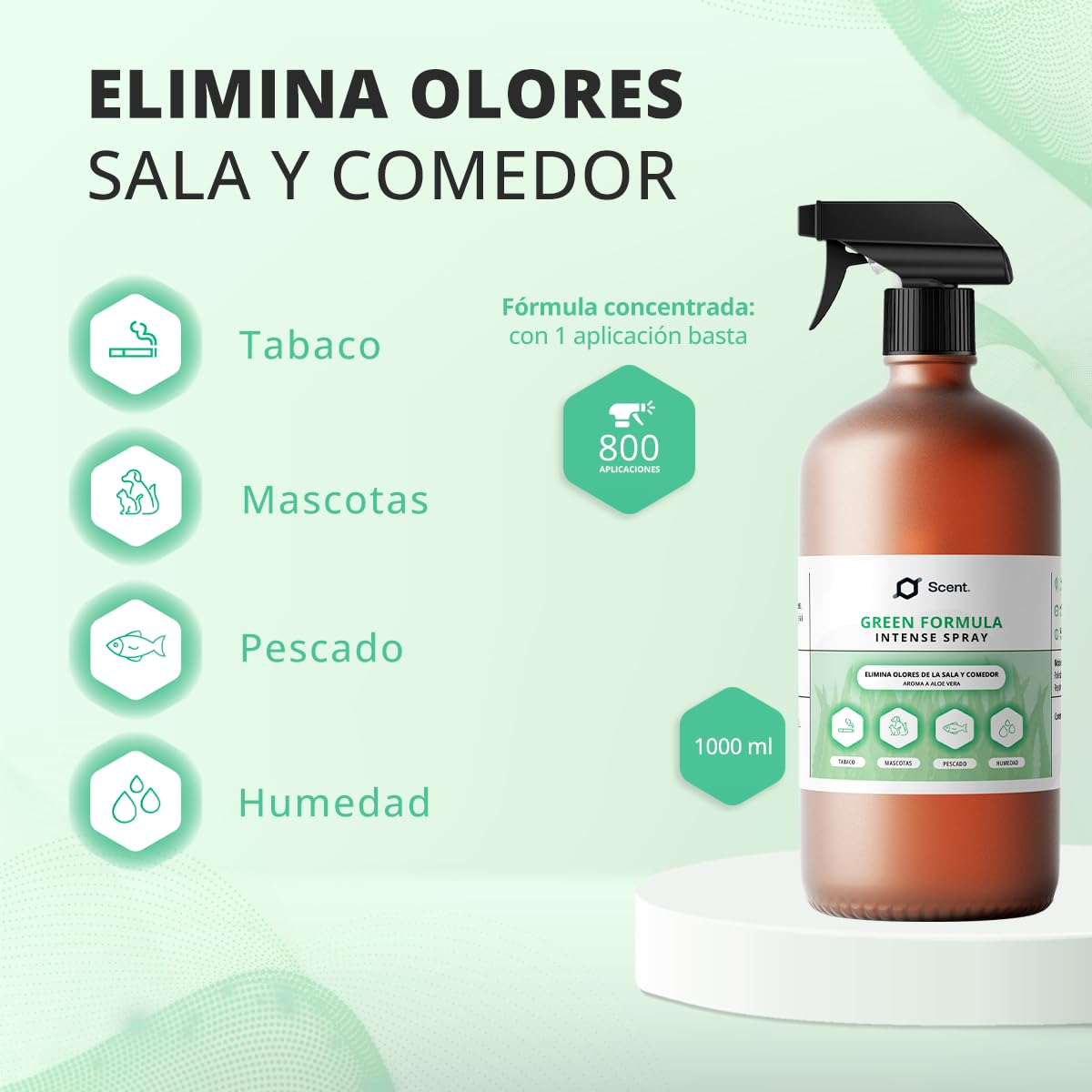 Neutralizador líquido de Olores Multiusos Spray - Fórmula Green - Ideal para eliminar el olor a humedad, mascotas, pescado, comida…, entre otros - Aroma Aloe vera - SCENTECHNOLOGIES (1000 ml)