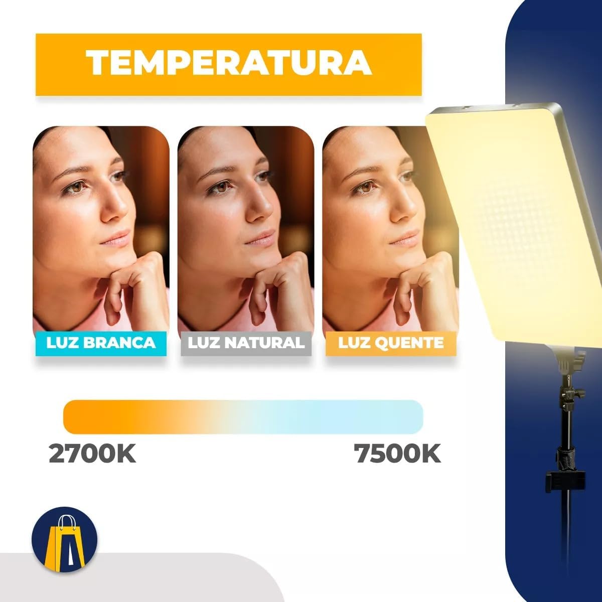 Image illustrating the adjustable color temperature settings of the ring light, showing options for white light (2700K), natural light, and warm light (7500K).