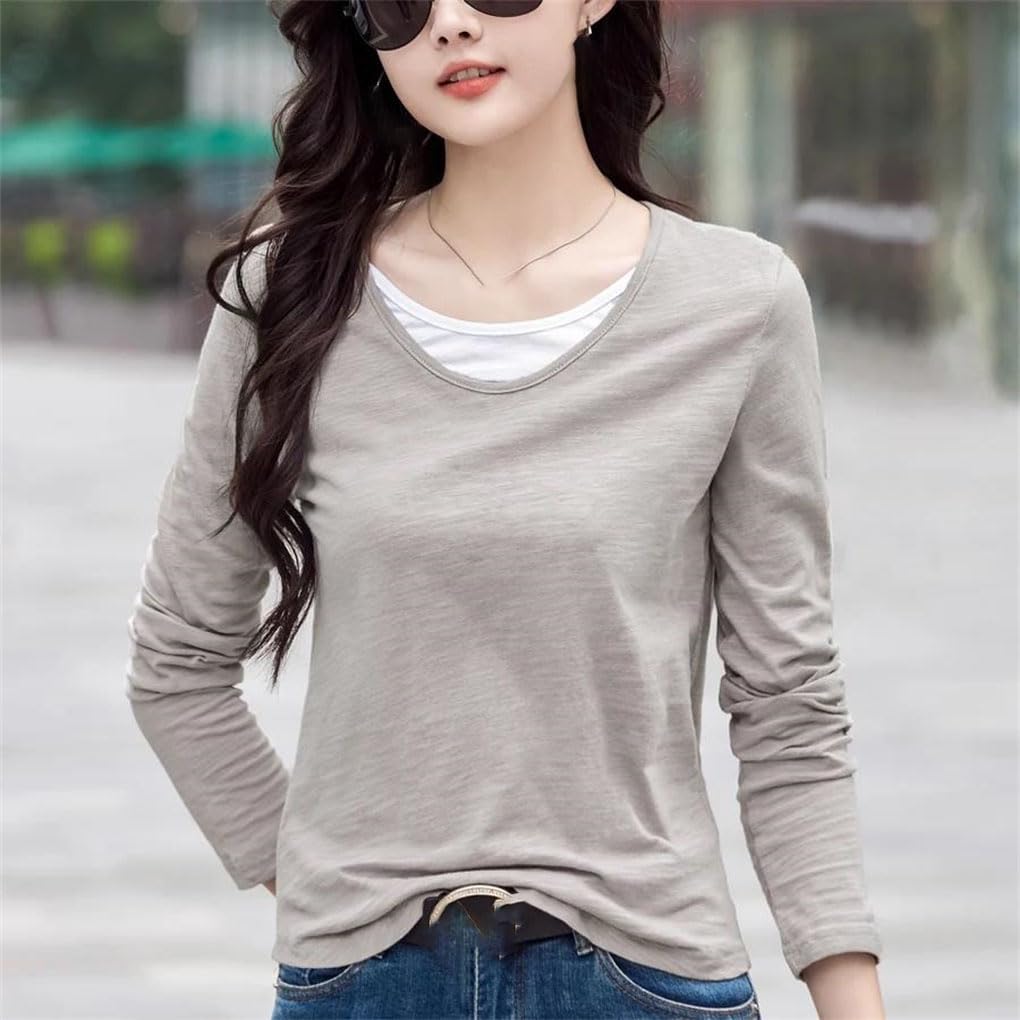 Women's Long Sleeve Leisure Loose T Shirts Cotton Fake Two Pieces V-Neck Knitted T-Shirts Tops