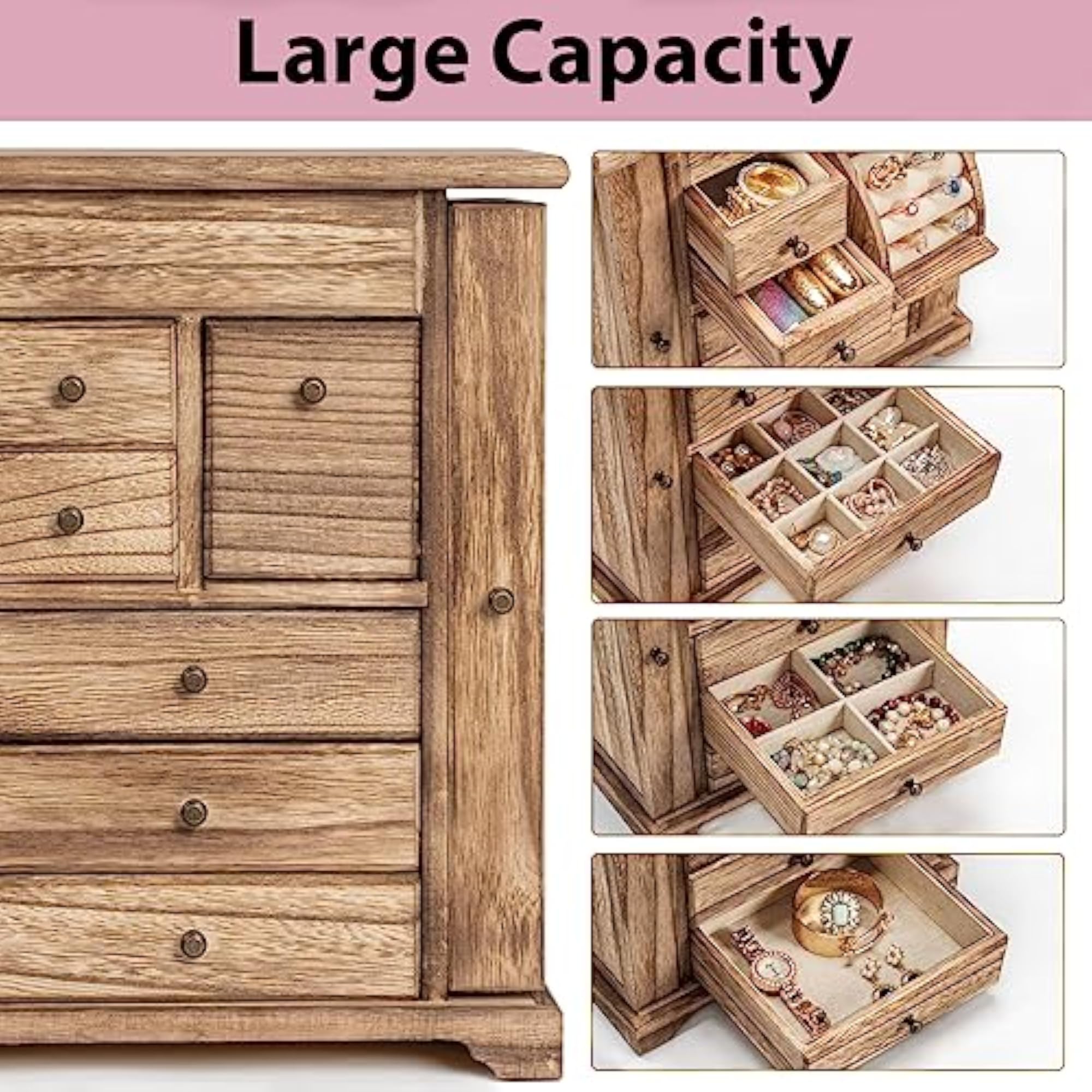 Rustic Wooden Jewelry Organizer Box with Mirror