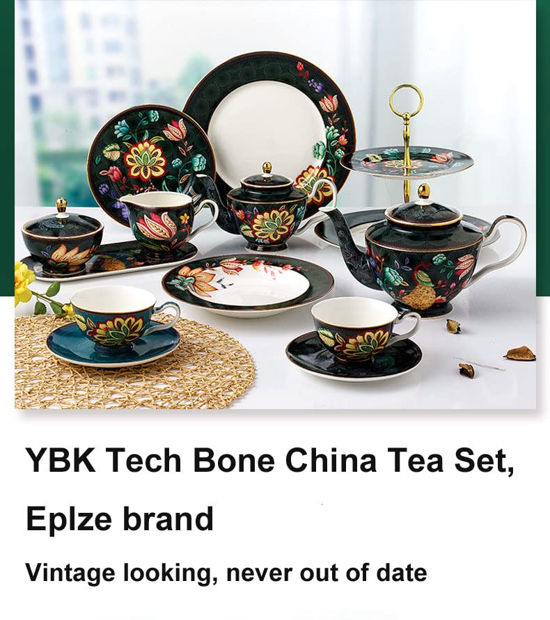 YBK Tech Set Di 2 Tazze Con Piattini In Porcellana Vintage - Motivi Floreali E Bordi Dorati, 200 Ml - Regalo Per Mamma, Nonna E Amanti Del Tè, Rosso E Verde Pavone