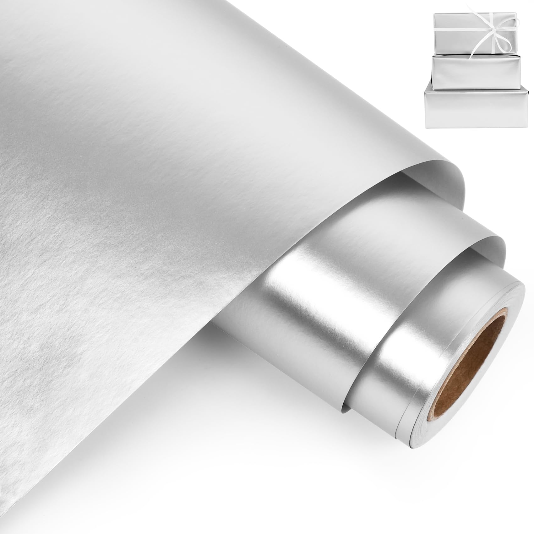 Aimyoo Silver Metallic Wrapping Paper Roll - 17 Inches X 32.8 Feet, Matte Solid Silver Color Paper for Birthday, Christmas, Wedding, Baby Shower, Holiday, Bridal Shower