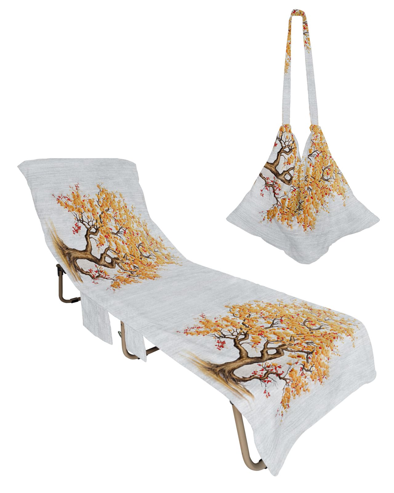Orange Red Tree Beach Lounge Chair Towel Cover, Soft Chaise Lounge Towel with Side Pockets Patio Pool Chairs Cover for Beach/Pool Sunbathing 29x85 Pastoral Botanical Farmhouse