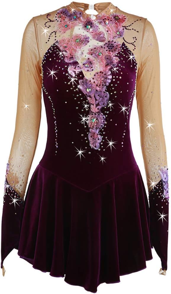 Handmade Figure Skating Competition Dancewear Girls' Velvet Ice Skating Performance Dresses with Crystals Flower