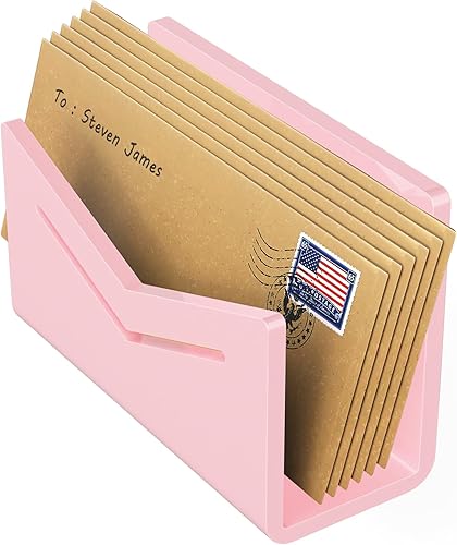 Beego Organizador de sobres y correo para encimera, organizador de escritorio acrílico rosa, soporte para cartas, clasificador de archivos de