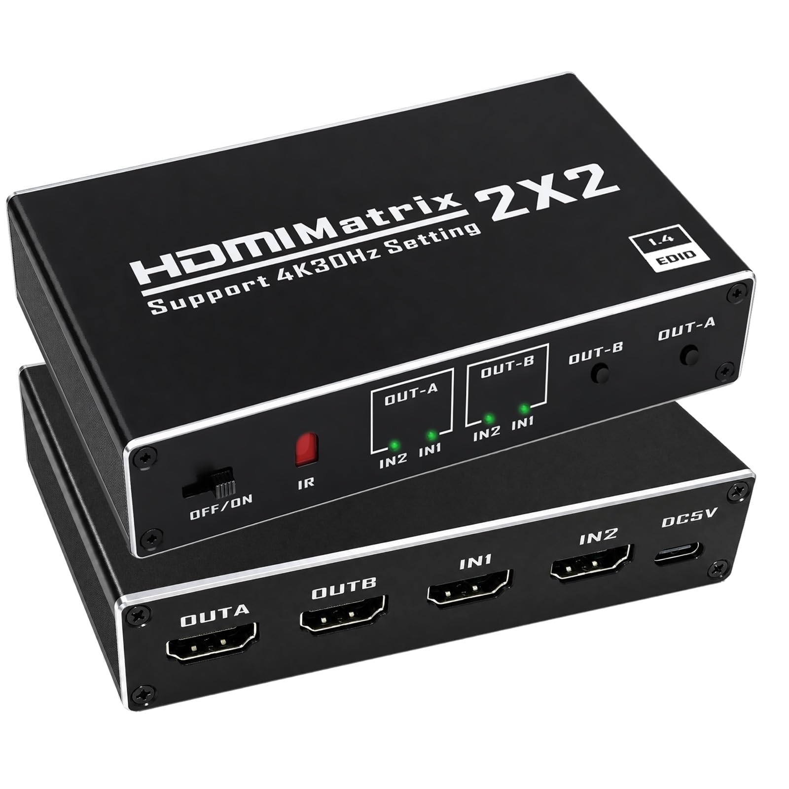 HDMI Matrix 2x2 - HDMI Switch 2 in 2 Out 4K@60Hz mit IR-Fernbedienung für PC TV Beamer