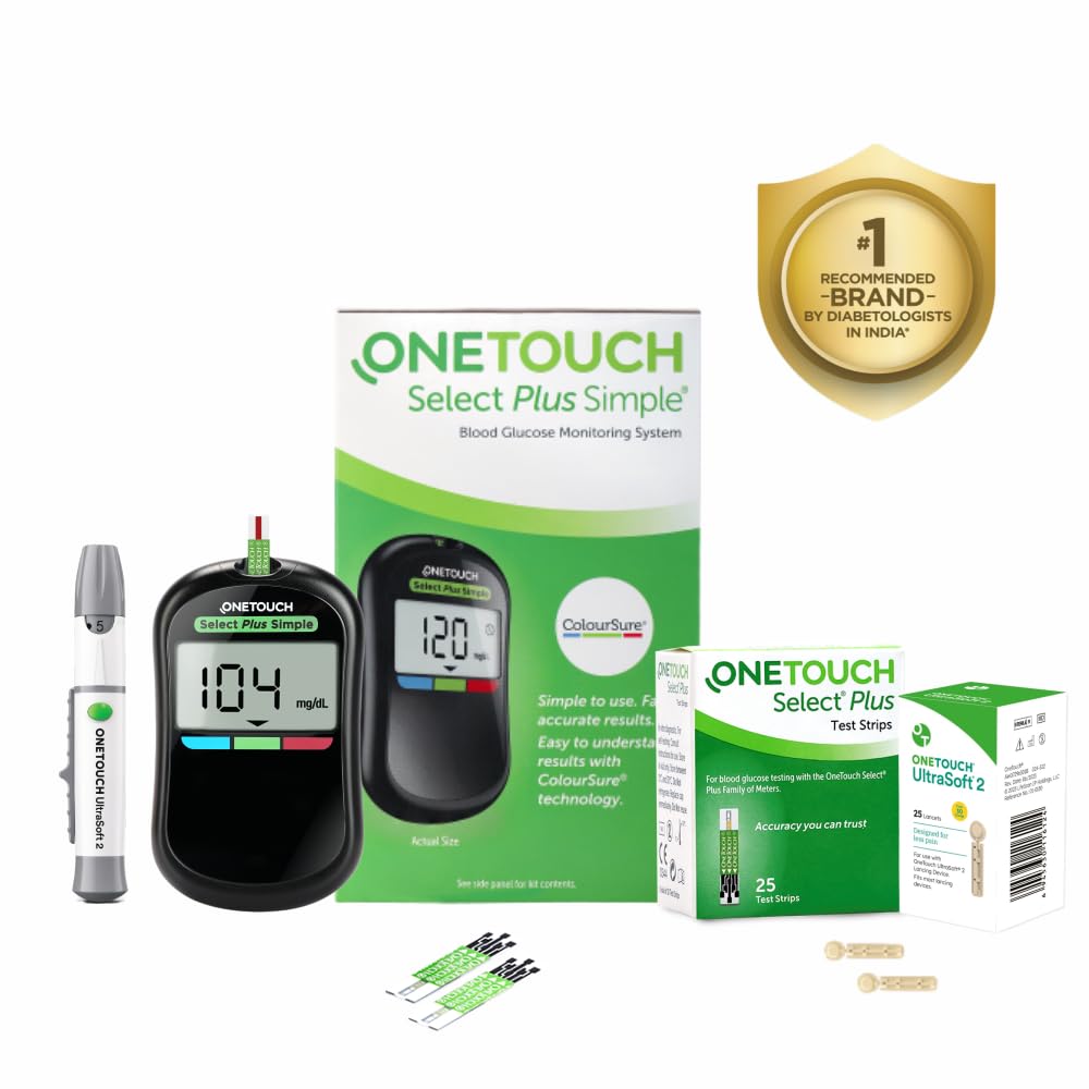 OneTouch Select Plus Simple glucometer machine with 25 Test Strips & 25 additional Ultrasoft 2 Lancets(total 35 lancets) | Simple & accurate testing of Blood sugar levels at home | Global Iconic Brand